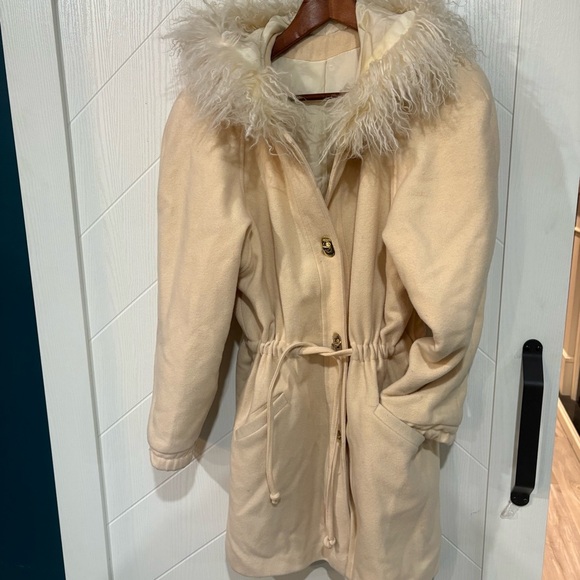 Vintage Emblem Pure Virgin Wool Coat with sheep fur Hood/ cozy girl/ ski lodge - Picture 3 of 8